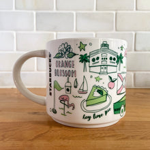 Load image into Gallery viewer, Perfect for your morning cuppa joe! This fabulous collectible FLORIDA ceramic mug was produced by Starbucks as part of their "Been There Series" Across The Globe Collection, 2017. A white ceramic mug printed design in shades of pink and green with pink interior. Celebrate the sunshine state! In excellent condition, free from chips/cracks/wear. Measures 3 5/8 x 3 3/8 inches Capacity 14 ounces