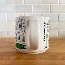Load image into Gallery viewer, Perfect for your morning cuppa joe! This fabulous collectible FLORIDA ceramic mug was produced by Starbucks as part of their "Been There Series" Across The Globe Collection, 2017. A white ceramic mug printed design in shades of pink and green with pink interior. Celebrate the sunshine state! In excellent condition, free from chips/cracks/wear. Measures 3 5/8 x 3 3/8 inches Capacity 14 ounces
