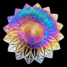 Load image into Gallery viewer, Bottom view of removable silver-toned center handle on vintage Federal Glass Petal sandwich tray, unscrews for storage