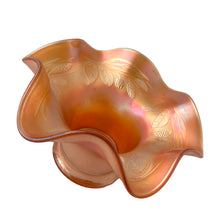 Load image into Gallery viewer, Close-up of Blackberry Spray pattern on Fenton marigold carnival glass showing iridescent finish and raised botanical motif