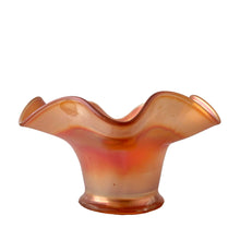 Load image into Gallery viewer, Side view of 1950s Fenton Blackberry Spray carnival glass dish showing depth and marigold color variation