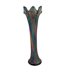 Load image into Gallery viewer, Fenton Fine Rib cobalt blue carnival glass swung vase, full front view highlighting deep purple and teal iridescence across fine vertical ribs, ruffled rim with pointed peaks