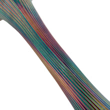 Load image into Gallery viewer, Close-up detail of Fenton Fine Rib carnival glass vase body showing densely packed vertical ribs with multicolour iridescence in teal, mauve, and copper, photographed at the neck and shoulder
