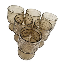 Load image into Gallery viewer, Set of six vintage smokey brown glass tumblers featuring an embossed floral and fruit design. Crafted by Fidenza Vetraria, Italy, 1970s. Perfect for everyday use or cocktails!
In excellent condition, no chips.
Measures 2 3/4 x 4 3/8 inches
Capacity 10 ounces