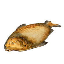Load image into Gallery viewer, Vintage hand painted ceramic Majolica style figural fish serving platter, plates, dishes and sauce boat in shades of yellow, ochre and gray. Crafted by R. B. Ceramiche Artistiche, Italy, 1960s. This unique tableware is perfect for fish lovers!