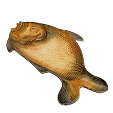 Load image into Gallery viewer, Vintage hand painted ceramic Majolica style figural fish serving platter, plates, dishes and sauce boat in shades of yellow, ochre and gray. Crafted by R. B. Ceramiche Artistiche, Italy, 1960s. This unique tableware is perfect for fish lovers!