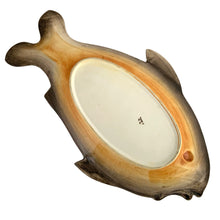 Load image into Gallery viewer, Vintage hand painted ceramic Majolica style figural fish serving platter, plates, dishes and sauce boat in shades of yellow, ochre and gray. Crafted by R. B. Ceramiche Artistiche, Italy, 1960s. This unique tableware is perfect for fish lovers!