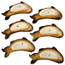 Load image into Gallery viewer, Vintage hand painted ceramic Majolica style figural fish serving platter, plates, dishes and sauce boat in shades of yellow, ochre and gray. Crafted by R. B. Ceramiche Artistiche, Italy, 1960s. This unique tableware is perfect for fish lovers!