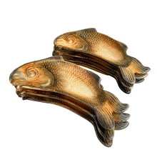Load image into Gallery viewer, Vintage hand painted ceramic Majolica style figural fish serving platter, plates, dishes and sauce boat in shades of yellow, ochre and gray. Crafted by R. B. Ceramiche Artistiche, Italy, 1960s. This unique tableware is perfect for fish lovers!