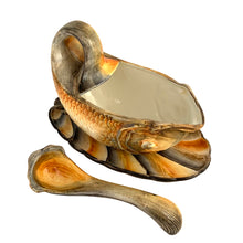 Load image into Gallery viewer, Vintage hand painted ceramic Majolica style figural fish serving platter, plates, dishes and sauce boat in shades of yellow, ochre and gray. Crafted by R. B. Ceramiche Artistiche, Italy, 1960s. This unique tableware is perfect for fish lovers!