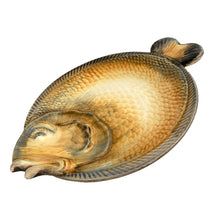 Load image into Gallery viewer, Vintage hand painted ceramic Majolica style figural fish serving platter, plates, dishes and sauce boat in shades of yellow, ochre and gray. Crafted by R. B. Ceramiche Artistiche, Italy, 1960s. This unique tableware is perfect for fish lovers!