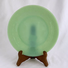 Load image into Gallery viewer, Vintage mid-century Fire-King "Jane Ray" pressed glass jadeite salad plate with ribbed border detail. Produced by the Anchor Hocking Glass Company, USA, during two productions runs between 1945 to 1963 and 1946 to 1965. These plates are highly collectible and suit a number of decor styles. In great vintage condition, free from chips/cracks/repairs. Maker's mark present on the bottom of each piece "OVEN Fire-King WARE, MADE IN U.S.A." as seen in the photo. Measures 7 3/4 inches