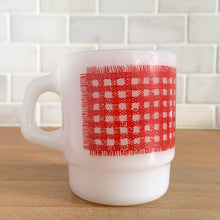 Load image into Gallery viewer, Side view of vintage Fire-King red gingham milk glass mug by Anchor Hocking, 1960s