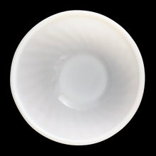 Load image into Gallery viewer, Overhead view of vintage Anchor Hocking Fire-King Swirl white milk glass mixing bowl showing the smooth bright white interior and rim edge