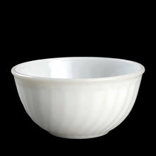 Load image into Gallery viewer, Vintage mid-century era Fire-King 8 inch milk glass swirl mixing bowl. Crafted by Anchor Hocking, USA, 1949 - 1962. Mix up some magic with this beauty! In excellent used condition, free from chips. Minor scratches, still shiny. Measures 8 x 4 inches