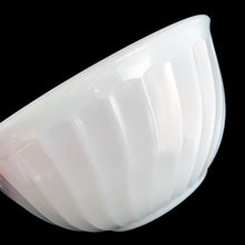 Load image into Gallery viewer, Vintage mid-century era Fire-King 8 inch milk glass swirl mixing bowl. Crafted by Anchor Hocking, USA, 1949 - 1962. Mix up some magic with this beauty! In excellent used condition, free from chips. Minor scratches, still shiny. Measures 8 x 4 inches