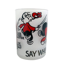 Load image into Gallery viewer, Vintage SAY WHEN liquor measuring shot glass featuring fishing motif graphics/text in red and black at the 1, 2, 3 and 4 ounce level on frosted glass. Crafted by Hazel-Atlas Glass, USA, 1950s. A fun novelty to add to your barware collection!
In excellent condition, no chips.
Measures 2 1/8 x 2 7/8 inches