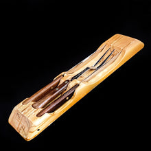 Load image into Gallery viewer, This vintage Flint hollow ground stainless steel three piece cutlery carving knife set is the perfect addition to any kitchen. Crafted by Ekco in England. The cutlery fits nicely into a beautiful hardwood block created by Overton Originals for Ecko. This gorgeous set from the 1950s, remains unused and in excellent condition. Make carving time a pleasure with this stunning vintage set! The box shows significant wear.