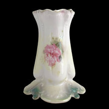 Load image into Gallery viewer, Rear view detail of hand-painted pink carnations on antique RS Prussia porcelain hat pin holder, Reinhold Schlegelmilch