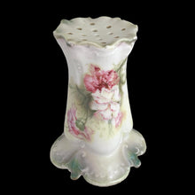 Load image into Gallery viewer, Antique RS Prussia hand-painted floral porcelain hat pin holder, three-quarter view showing form and painted decoration, Reinhold Schlegelmilch