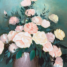Load image into Gallery viewer, Bring a touch of vintage charm to your home with this stunning oil painting. The delicate floral still life is filled with beautiful pastel colors of pink and yellow roses, set against a bold teal background. Signed by the artist. Perfect for adding a pop of color and drama to any space. The canvas is in excellent condition. The gold gilt wood frame has some minor damage. Canvas measures 18 x 24 inches Frame measures 24 3/8 x 30 1/2 inches