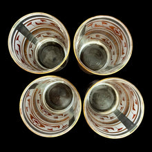 Load image into Gallery viewer, Set of four, vintage mid-century highball cocktail glasses featuring 22kt gold florals on frosted panels with gold rims. Crafted by Dominion Glass, Canada, 1960s/70s. These glasses were literally is everyone's rec rooms in the 60s and 70s and are perfect for any occasion or cocktail!
In excellent condition, no chips.
Measures 2 3/4 x 5 1/2 inches
Capacity 10 ounces