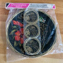 Load image into Gallery viewer, Vintage Florida souvenir black and gold metal tray and coaster set featuring a red hibiscus and white orchid flower alongside a gold map of Florida. The perfect addition to your tropical or tiki barware collection! In excellent condition, new in package. Tray measures 10 7/8 inches Coasters measure 3 1/2 inches