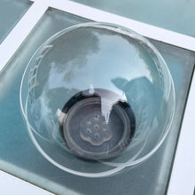 Load image into Gallery viewer, Funky vintage retro glass flower aquarium. Preserve your flowers with this glass globe using only water and vinegar. Regal Greetings and Gift, made in Germany, 1970s. The 7 stem holders in the rubber gasket allow you to create a indoor garden oasis with the illusion of magnified floral display...so cool! Easily repurpose as a display piece by filling it with lights or a collection of Christmas ornaments. New old stock, in the original box. In excellent condition. Measures 5 1/2 x 7 inches