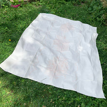 Load image into Gallery viewer, Vintage Indian Head 100% cotton tablecloth with a stamped pattern of flowers and cattails. These Bucilla kit tablecloths were intended to be painted with Tri-Chem Liquid Embroidery pens, but can easily be stitched with embroidery floss to create a beautiful table covering. In as found vintage condition with staining, see photos. Comes with original instruction sheet. Measures 54 x 72 inches