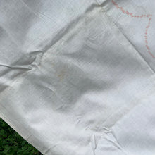 Load image into Gallery viewer, Vintage Indian Head 100% cotton tablecloth with a stamped pattern of flowers and cattails. These Bucilla kit tablecloths were intended to be painted with Tri-Chem Liquid Embroidery pens, but can easily be stitched with embroidery floss to create a beautiful table covering. In as found vintage condition with staining, see photos. Comes with original instruction sheet. Measures 54 x 72 inches
