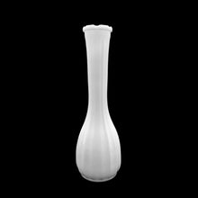 Load image into Gallery viewer, A very popular piece, this vintage milkglass bud vase with fluted body and sawtooth mouth. Crafted by CLC Co., USA, circa 1970s. Any flower arrangement looks beautiful in this simple, yet elegant vase. A perfect addition to vintage home, farmhouse or wedding decor. In excellent condition, no chips or cracks. Measures 8 1/2 inches