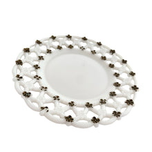 Load image into Gallery viewer, Vintage "Forget Me Not" milk glass salad plate, featuring a lovely flower dotted lace edge. The outer and inner rows of the flowers are hand painted. Crafted by Westmoreland Glass, USA, between 1900-1980. A sweet piece of glass to display or use as a catchall. In used vintage condition, free from chips, wear to the paint. Unmarked. Measures 7 3/8 inches