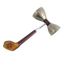 Load image into Gallery viewer, Side profile of Glo-Hill Barmates stainless steel double jigger showing full length and bakelite handle, 1950s Canada