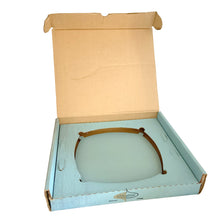 Load image into Gallery viewer, Interior of original Glo-Hill Gourmates box showing the light blue fitted cardboard insert designed to hold the chrome tidbit tray, with Glo-Hill Montreal Canada label on the base
