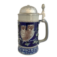 Load image into Gallery viewer, Full front view of the stein with pewter lid, cobalt blue body, and owl pair relief on branches, Goebel Bavarian Forest Series, First Edition, 1980, Germany