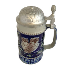 Load image into Gallery viewer, Elevated angled front view of the domed pewter lid showing embossed geometric detail, hinge mechanism with acorn finial