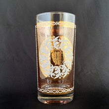Load image into Gallery viewer, Stunning set of eight Vintage mid-century luxury highball glass tumblers, decorated with a 24 karat gold starburst, gold floral decorative white sugar texture wreath, a gold border overlayed with an atomic pattern, also in white sugar texture. Crafted by the talented designers of the Libbey Glass Company, USA, circa 1950s/60s. These beauties will add an exquisite touch to any occasion - indulge your guests with these truly special cocktail glasses.