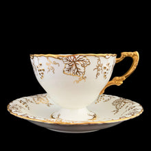 Load image into Gallery viewer, Vintage Gold Gilt "Vine" Footed Teacup and Saucer, White Bone China, Royal Crown Derby, England