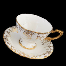 Load image into Gallery viewer, Vintage Gold Gilt "Vine" Footed Teacup and Saucer, White Bone China, Royal Crown Derby, England