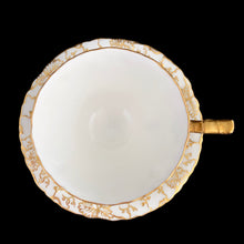 Load image into Gallery viewer, Vintage Gold Gilt "Vine" Footed Teacup and Saucer, White Bone China, Royal Crown Derby, England