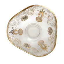 Load image into Gallery viewer, Vintage pressed glass triangular shaped bowl featuring gold and white medallions, gold sponge design and rim. Crafted by Indiana Glass, USA. A great addition to your mid-century tableware! In good vintage condition, no chips, minor wear. Measures 5 x 2 1/2 inches