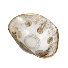 Load image into Gallery viewer, Vintage pressed glass triangular shaped bowl featuring gold and white medallions, gold sponge design and rim. Crafted by Indiana Glass, USA. A great addition to your mid-century tableware! In good vintage condition, no chips, minor wear. Measures 5 x 2 1/2 inches