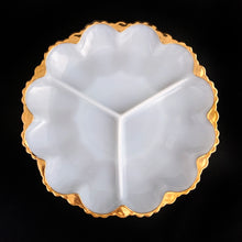 Load image into Gallery viewer, This classic vintage 896 3-part milk glass relish dish features a gold gilt sawtooth edge. Crafted by Anchor Hocking, USA, 1960s. This lovely relish dish would be perfect for serving your favourite pickled treats, candies or nuts. Elevate any occasion with this elegant platter!
In excellent condition, no chips.
Measures 10 x 1 1/4 inches