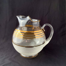 Load image into Gallery viewer, Vintage 1950s Anchor Hocking frosted ball pitcher with gold stripe bands