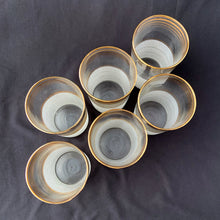 Load image into Gallery viewer, Top view of Anchor Hocking gold stripe frosted tumblers 1950s glassware