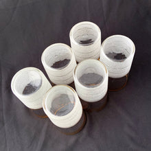 Load image into Gallery viewer, Bottom view and detail of sugar texture and gold striped pattern on vintage drinking glasses