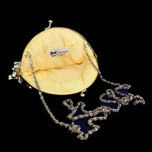 Load image into Gallery viewer, Stunning handmade vintage mid-century era evening bag adorned in bright gold teardrop and glass seed beads, sequins, topped with gold-toned hardware, rope chain handle and kiss closure. The interior is lined with yellow satin and has an open pocket. The bag is large enough for a small cell phone, credit cards/cash, compact/lipstick. Crafted by Kaiho, Macau, 1960s. An absolutely stunning piece that would make an a versatile fashion accessory which may be worn as a shoulder bag, a crossbody bag or a clutch.