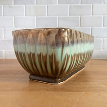 Load image into Gallery viewer, Stunning rectangular ceramic pottery planter with a striking vertical leaf motif finished with a coppery gold and turquoise and brown drip glaze with deep brown interior. Crafted by Lefton, Japan, circa 1950s. In excellent condition, free from chips/cracks/repairs. Marked "ESD JAPAN, HAND PAINTED. JA7129". Measures 9 x 4 1/2 x 4 1/2 inches