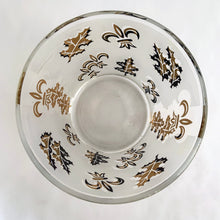 Load image into Gallery viewer, Vintage mid-century Golden Foliage and Fleurs-de-lis flared glass ice bucket, features gold leaves and fleurs-de-lis on frosted panels. Crafted by Libbey Glass, USA, 1950s. This piece holds a good amount of ice cubes to help keep your cocktails cold. Your bar cart has never looked better!
In excellent vintage condition, no chips/wear.
Measures 5 5/8 x 4 3/4 inches
