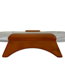 Load image into Gallery viewer, Straight out of the atomic age, this vintage "Gourmates" chrome serving tray features ochre Bakelite handles/legs. Crafted by Glo-Hill, Canada, circa 1960s. Delivers loads of mid-century modern style to entertaining! In great vintage condition with surface wear, but still super shiny. Measures 11 1/8 x 12 1/4 inches (incl. handles)